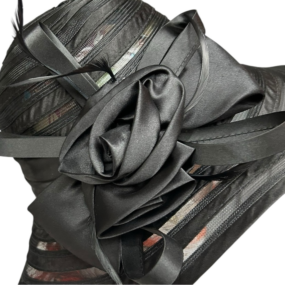 Black Ribbon Dress Hat Wide Brim Floral Bow Church Derby Tea Party Hat - Picture 8 of 10
